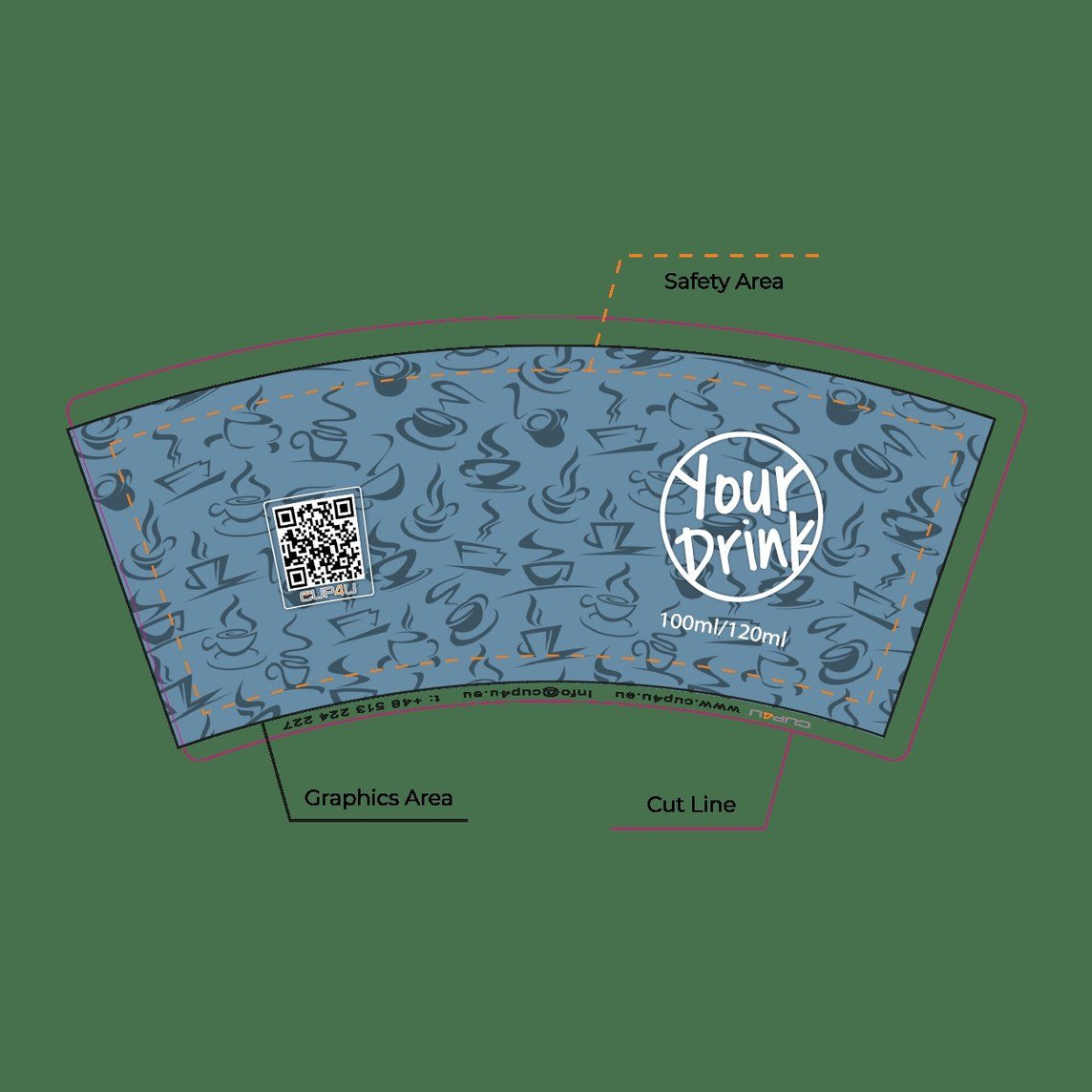 Cup dieline with bleed and safe zones marked