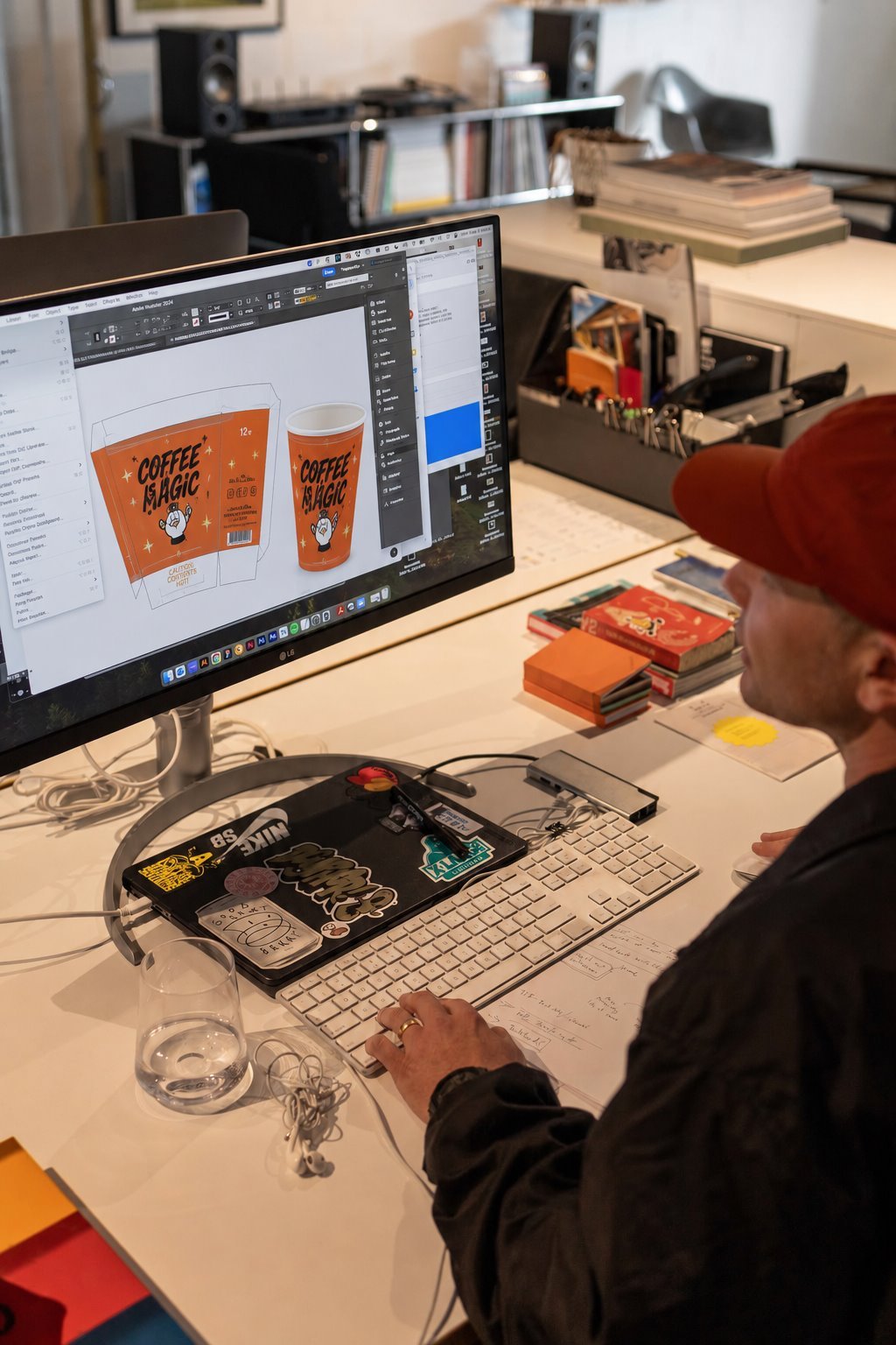 Ein Designer bereitet Druckdaten für Pappbecher vor