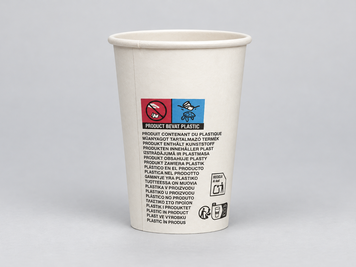 Multilingual SUPD marking block printed on a paper cup