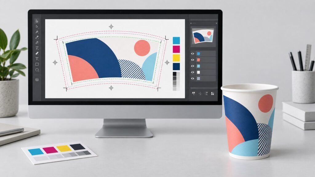 Cup artwork being prepared on a designer’s screen